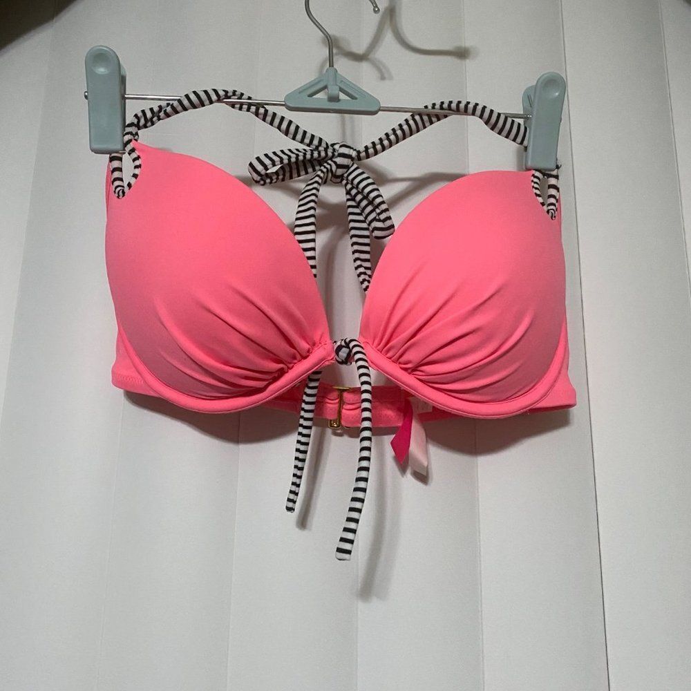Victoria Secret push up neon pink with black/white striped straps swimsuit top - Picture 2 of 5